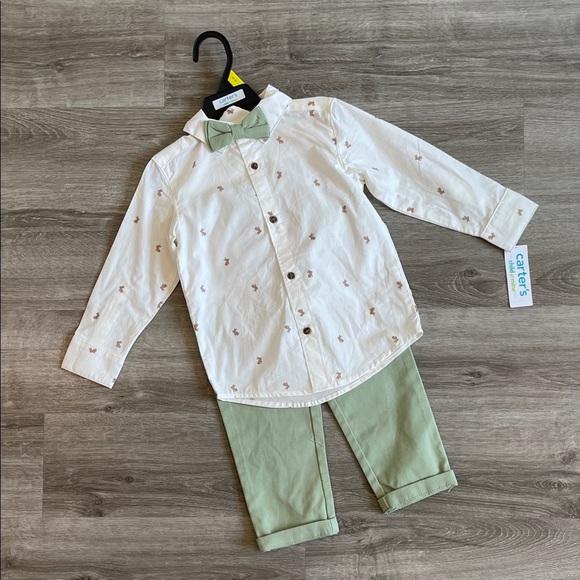 NEW Carter's toddler boys 3 piece bunny button down shirt/pants/tie - Picture 1 of 3